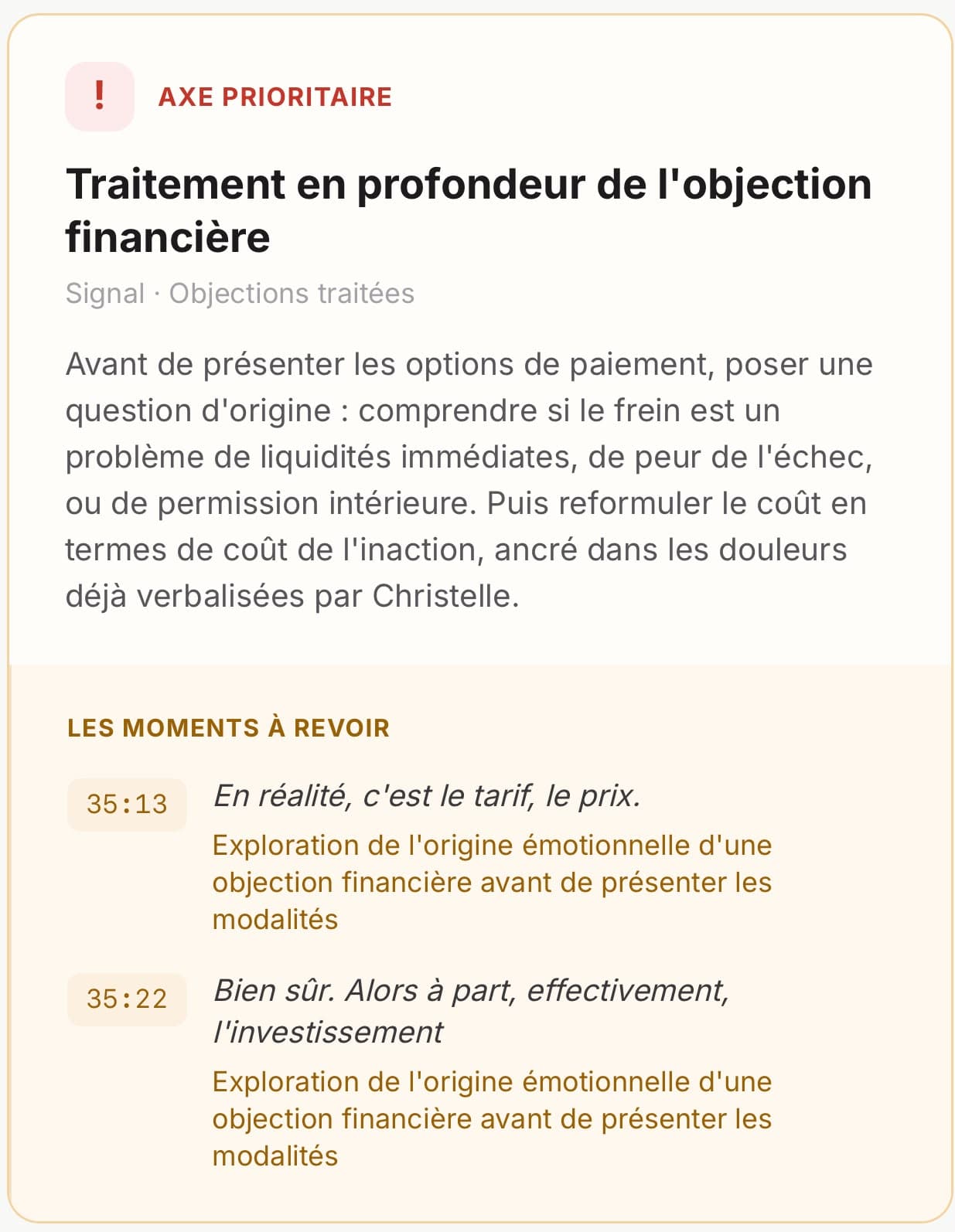 Axe prioritaire et moments à revoir horodatés